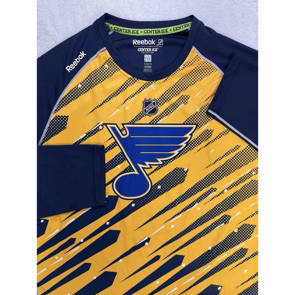 Reebok Pullover Shirt Men XL Blue Yellow Blues Center Ice‎ Collection LS